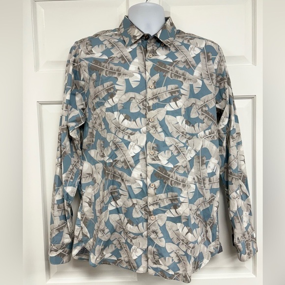 Ted Baker Ramseys Button Down Shirt Men’s XL (Ted 5) Blue Palm Leaf Flip Cuff - Picture 3 of 11